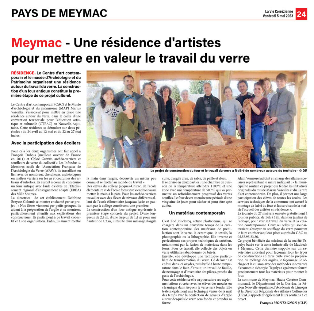 Article de La Vie Corrézienne, 2023, résidence Autour du verre, Meymac